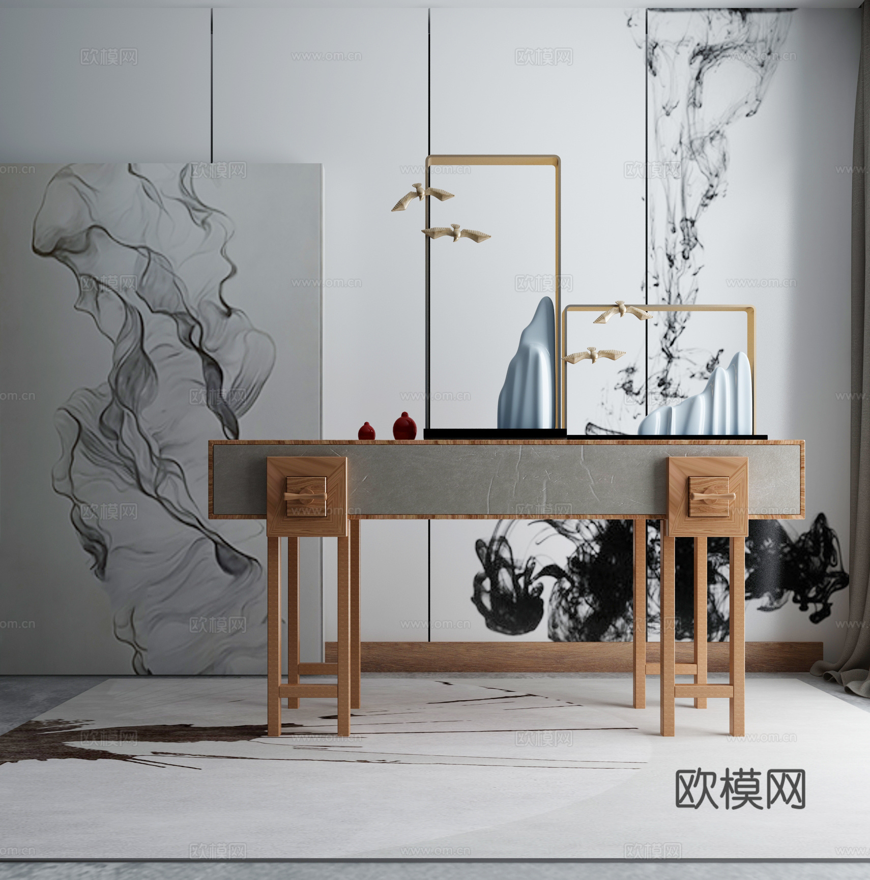 现代茶几沙发组合挂画 地毯 水墨画背景墙3d模型下载（渲染图2）