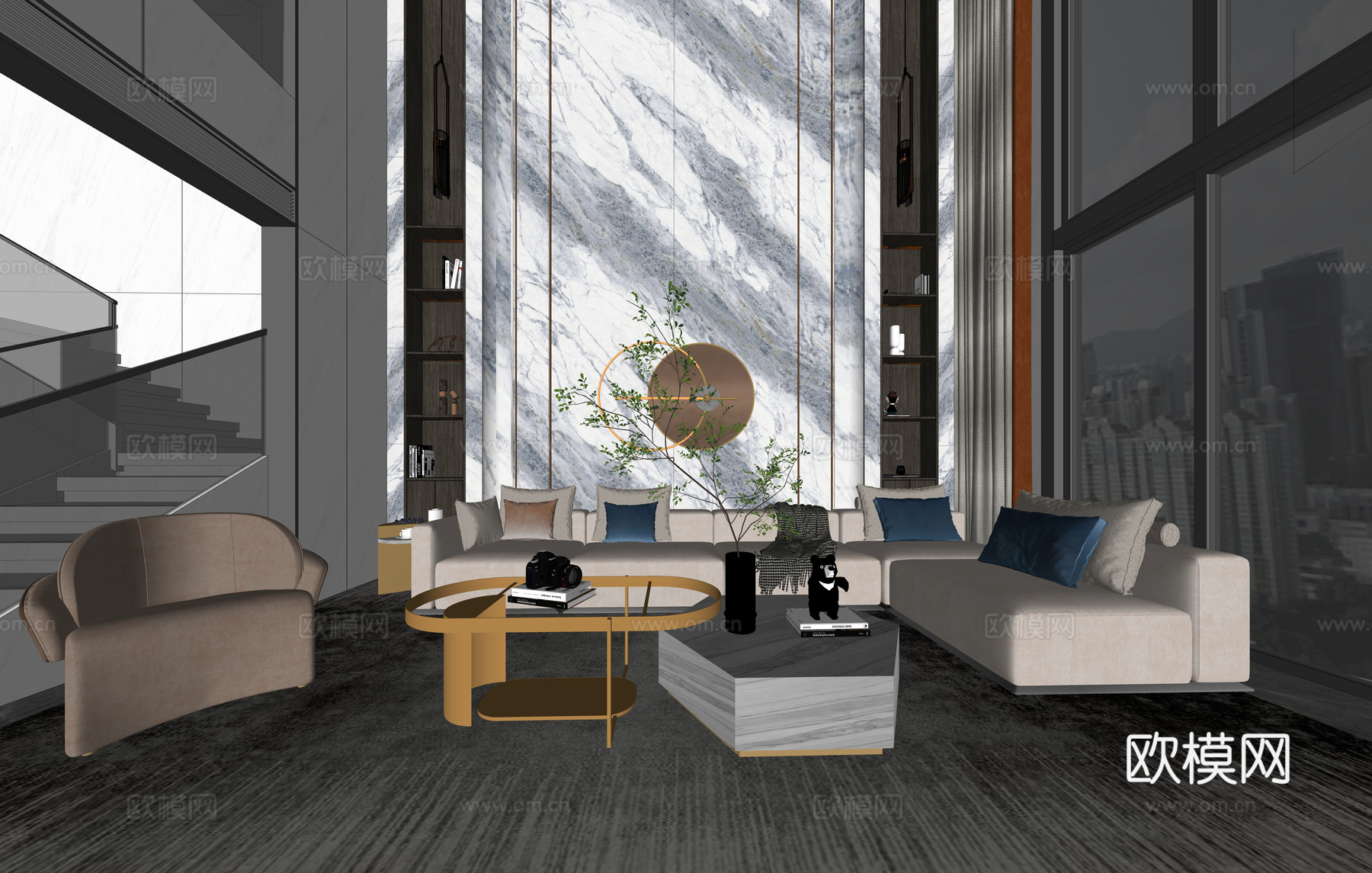 现代轻奢别墅中空客厅su模型