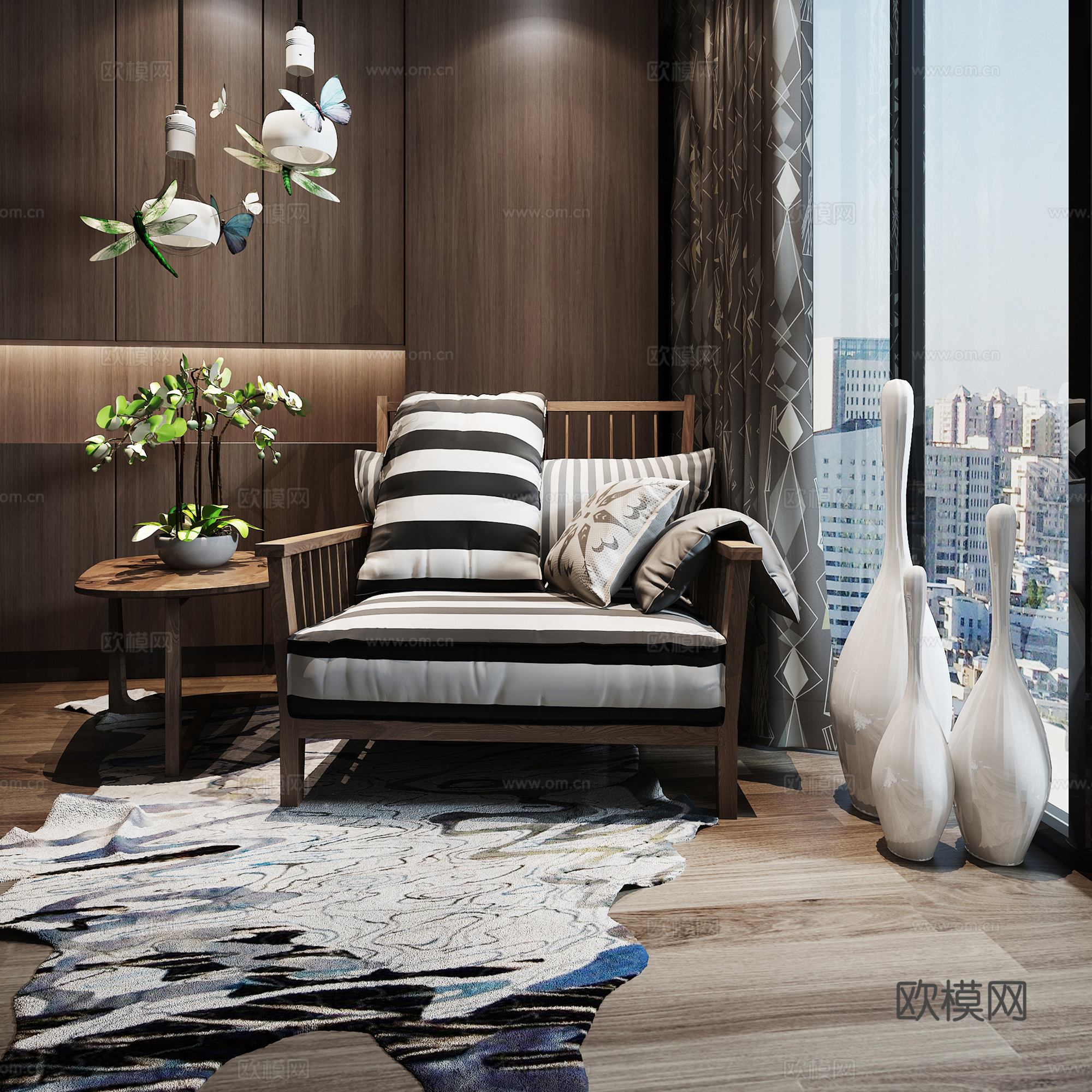 现代休闲椅地毯角几组合3d模型下载（渲染图1）