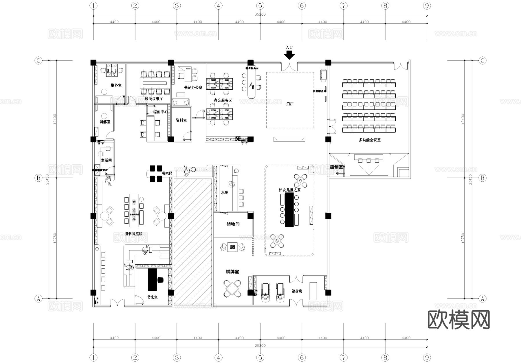 社区党群服务中心室内工装平面图cad施工图