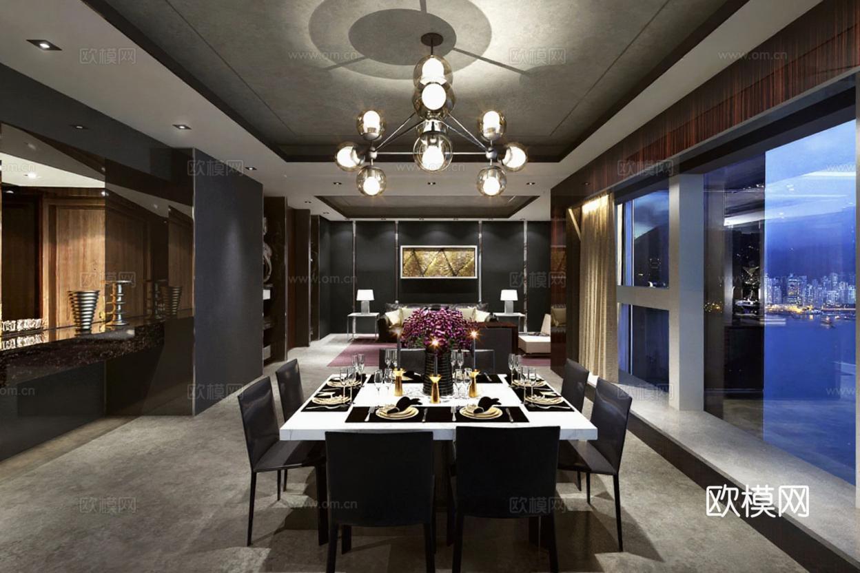 现代轻奢高端住宅设计 深灰色调室内餐厅客厅 金属木质装饰城市夜景免费3d模型