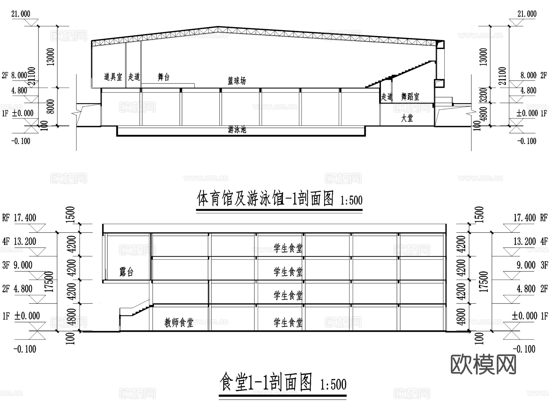 小学中学学校规划建筑平剖面CAD施工图cad施工图