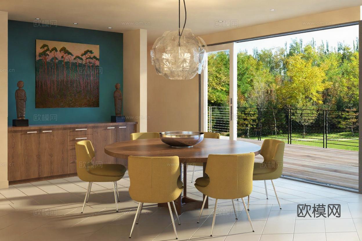 现代开放式餐厅装修设计 自然采光高端家居风格 3D渲染艺术装饰空间免费3d模型