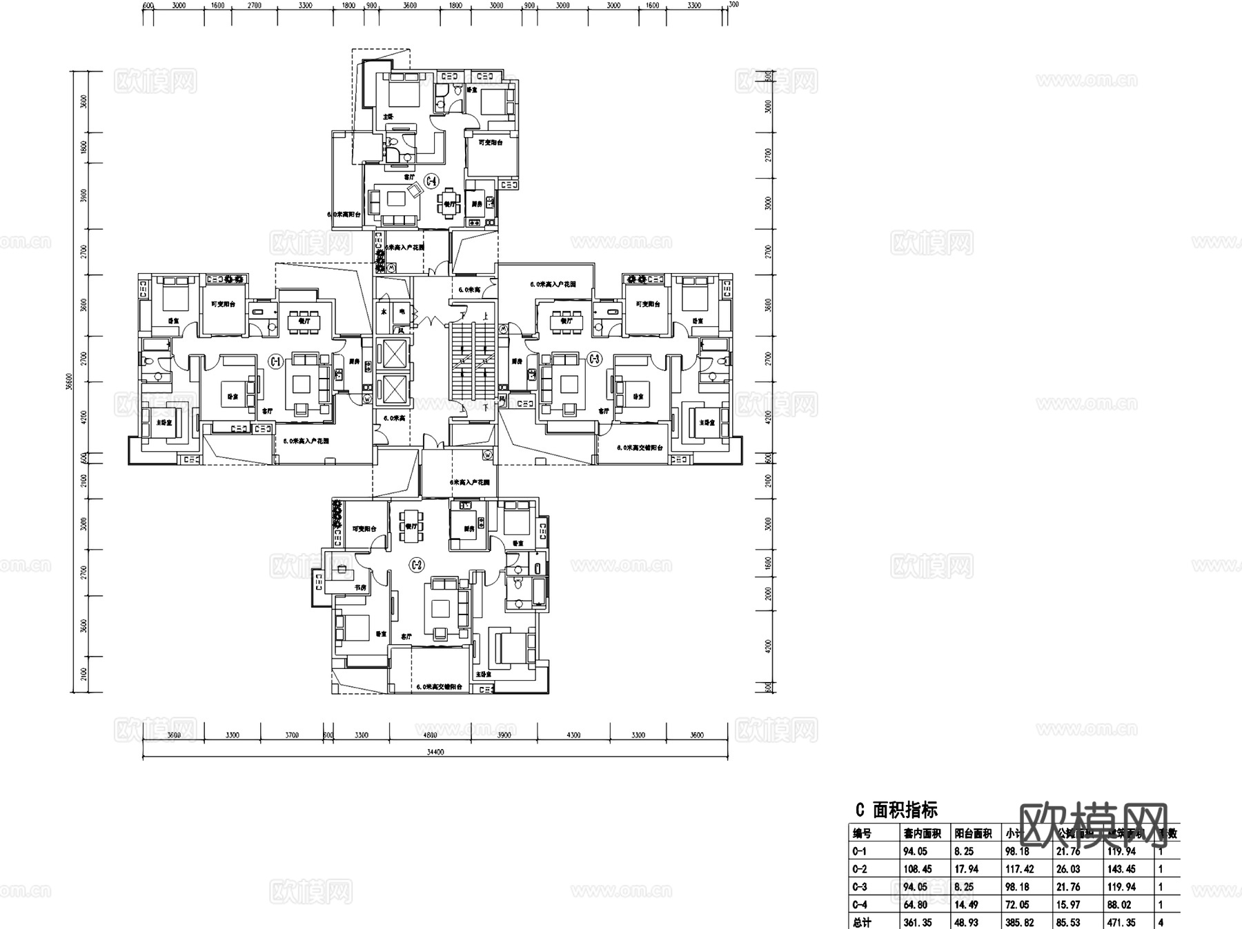高层住宅建筑户型平面图CAD施工图cad施工图