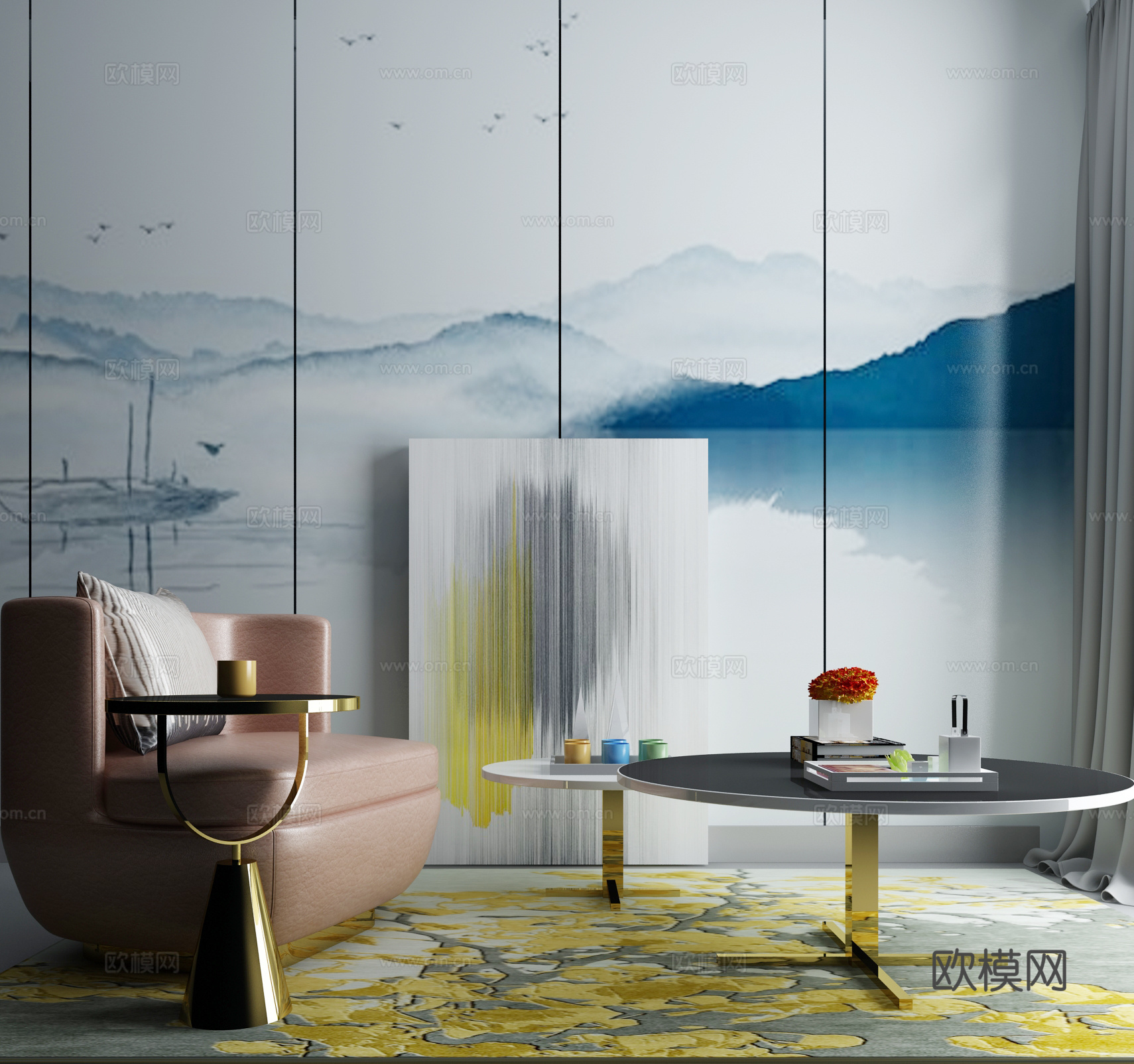 现代茶几沙发组合挂画 地毯 水墨画背景墙3d模型下载（渲染图1）