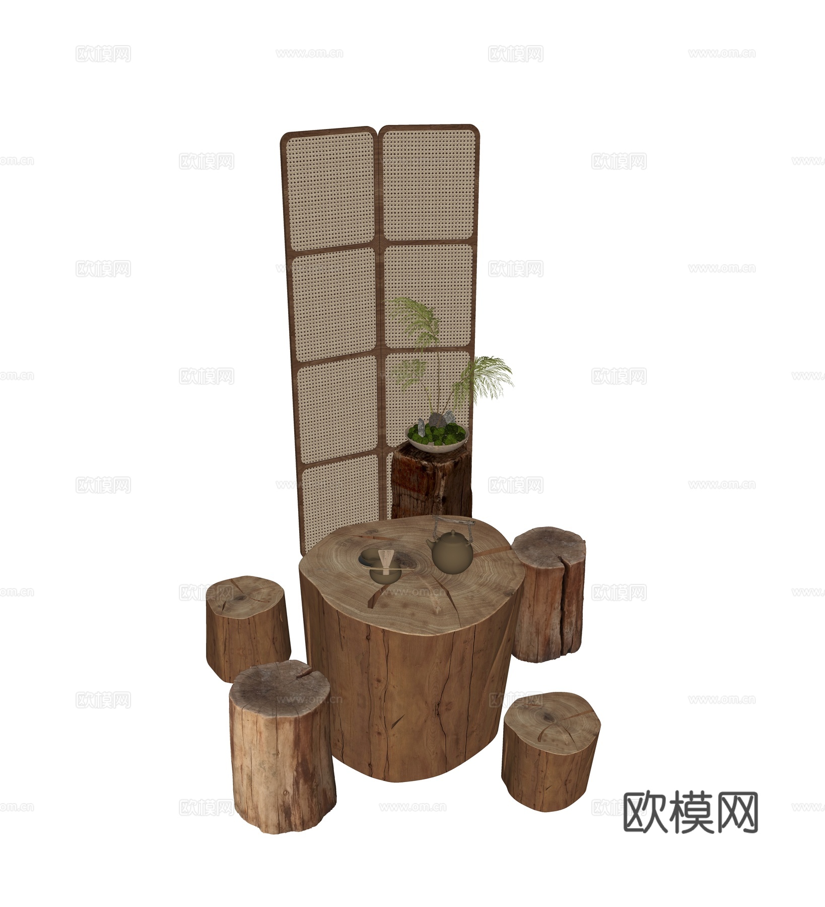 中式木桌椅 木凳 木墩 木制一桌四椅 树桩su模型