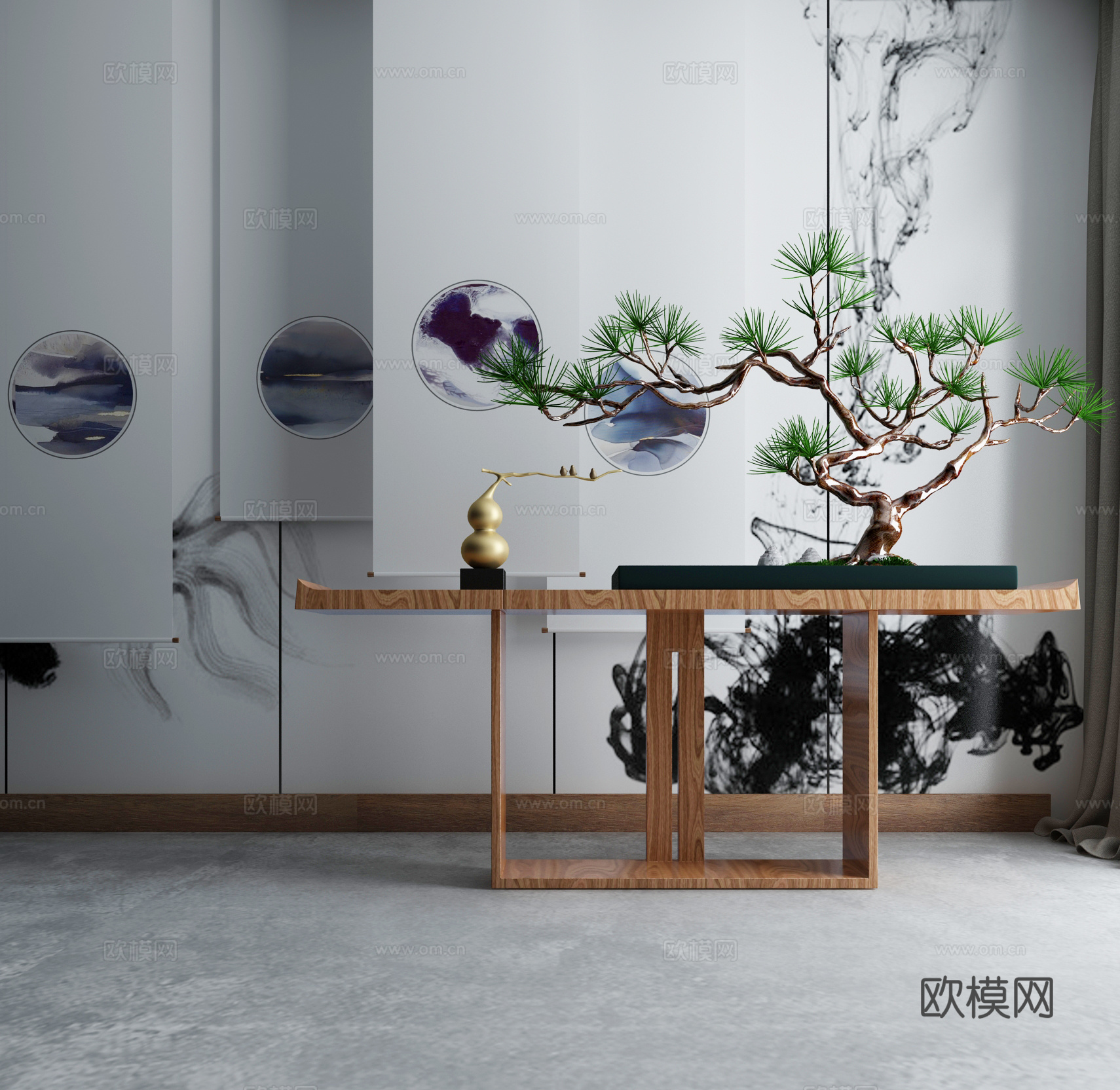 现代茶几沙发组合挂画 地毯 水墨画背景墙3d模型下载（渲染图2）