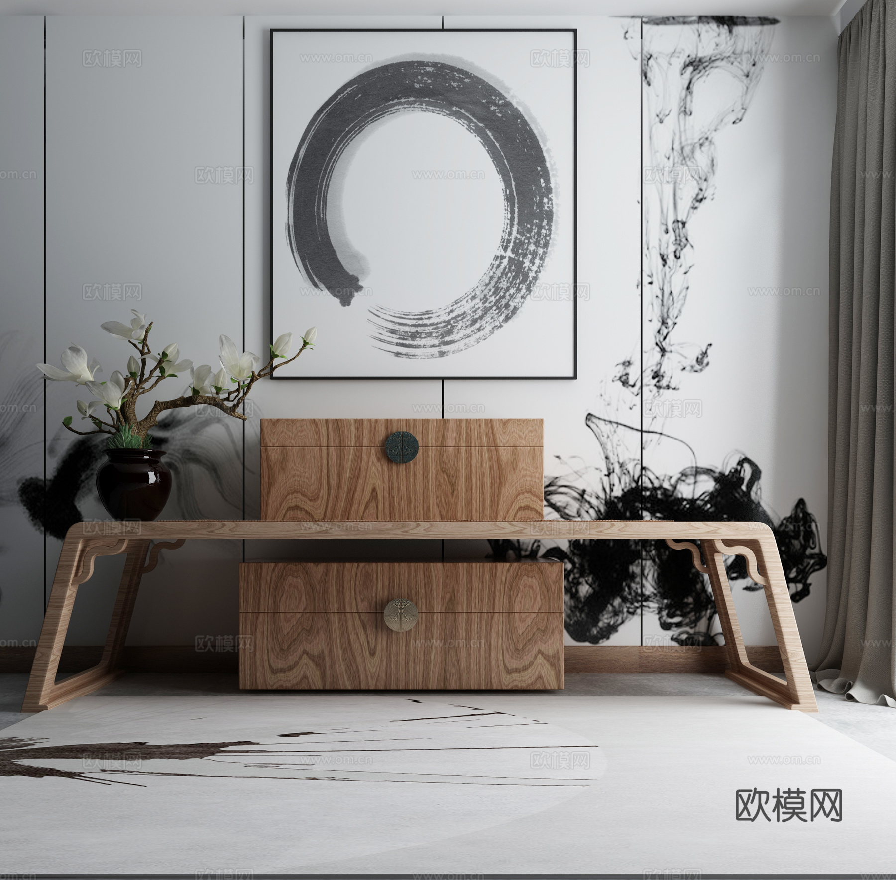 现代茶几沙发组合挂画 地毯 水墨画背景墙3d模型下载（渲染图2）