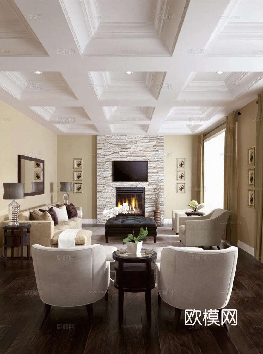 现代客厅室内设计图 米色深棕家居装饰效果 温馨舒适空间布局免费3d模型