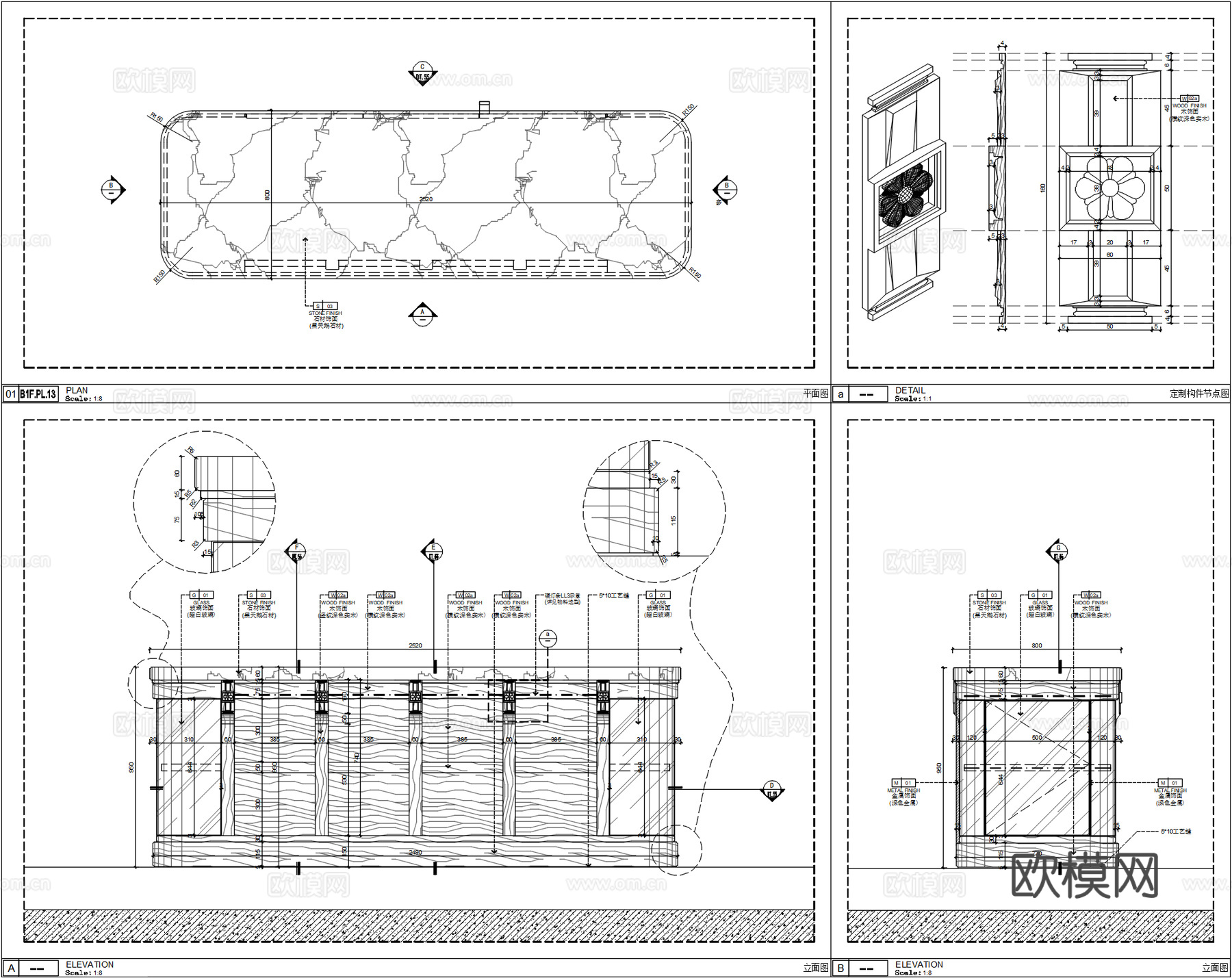 别墅品酒区水吧台、吧台玻璃柜节点、吧台内嵌红酒柜、复古轻奢吧cad施工图