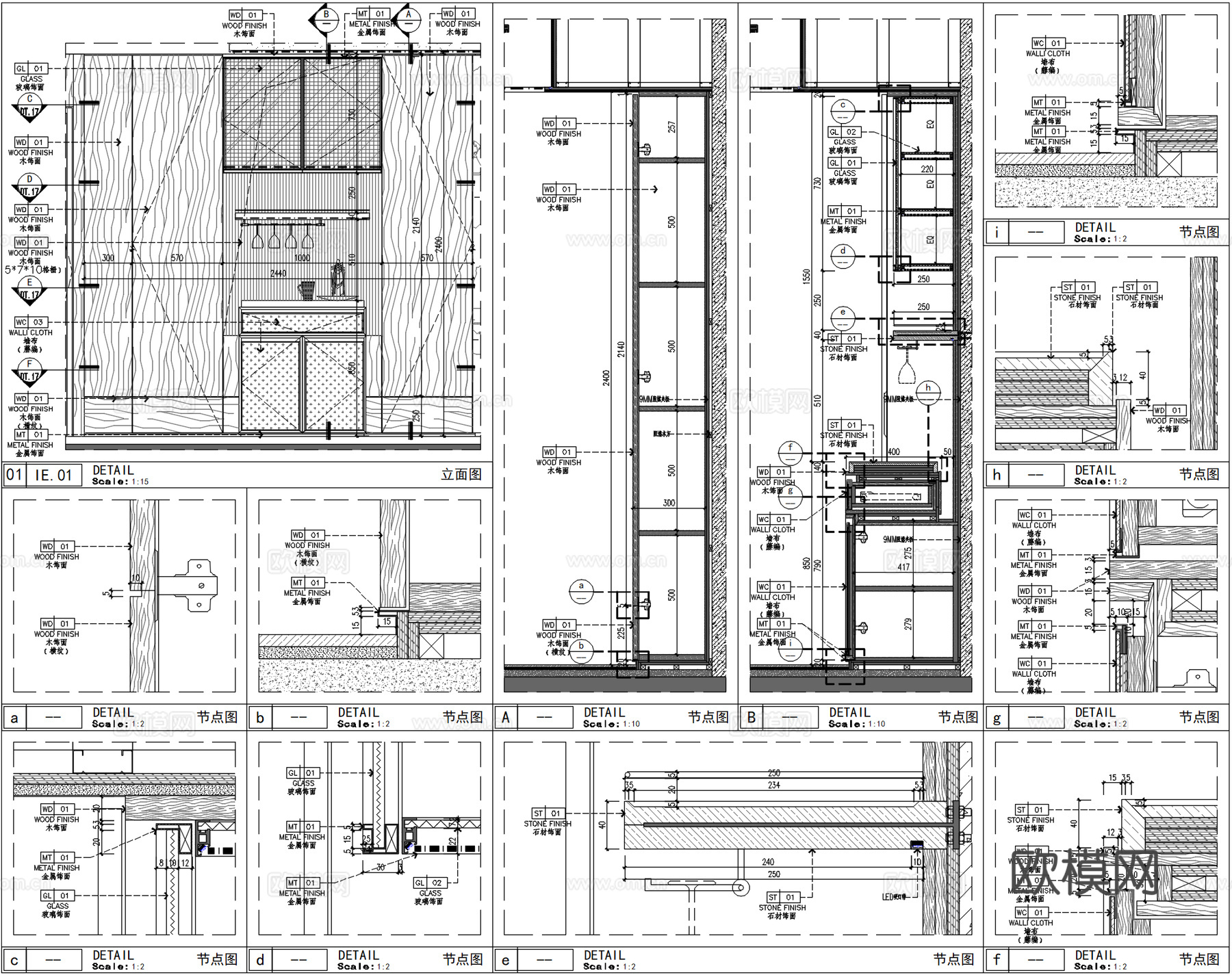 餐边柜大样图、内嵌端景柜造型、嵌入式餐边柜详图、墙布柜门工艺cad施工图