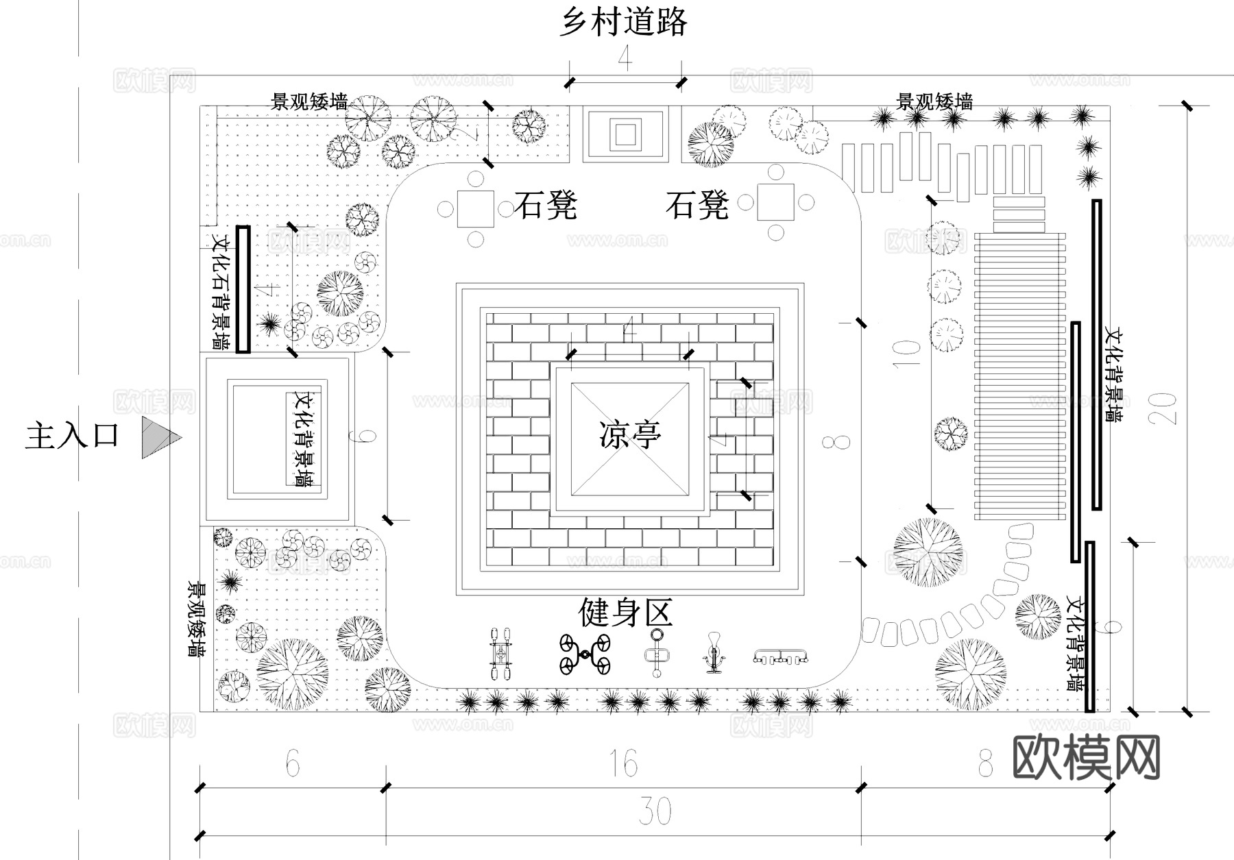 乡村口袋公园小游园景观平面图CAD施工图cad施工图