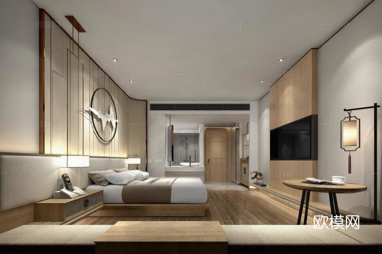 现代日式酒店客房设计 原木色禅意卧室装修 暖光灯带电视墙 卫浴一体室内效果图免费3d模型