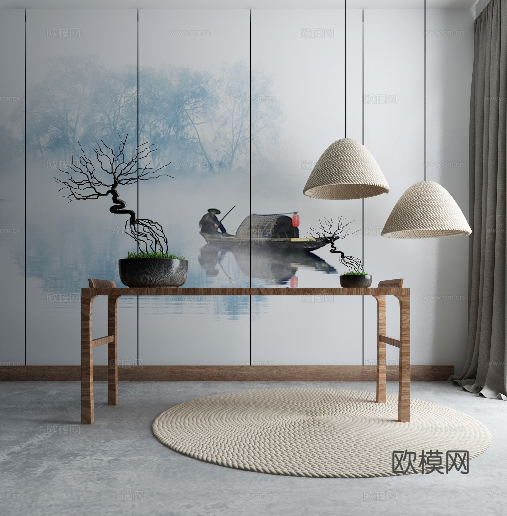 现代茶几沙发组合挂画 地毯 水墨画背景墙3d模型下载（渲染图1）