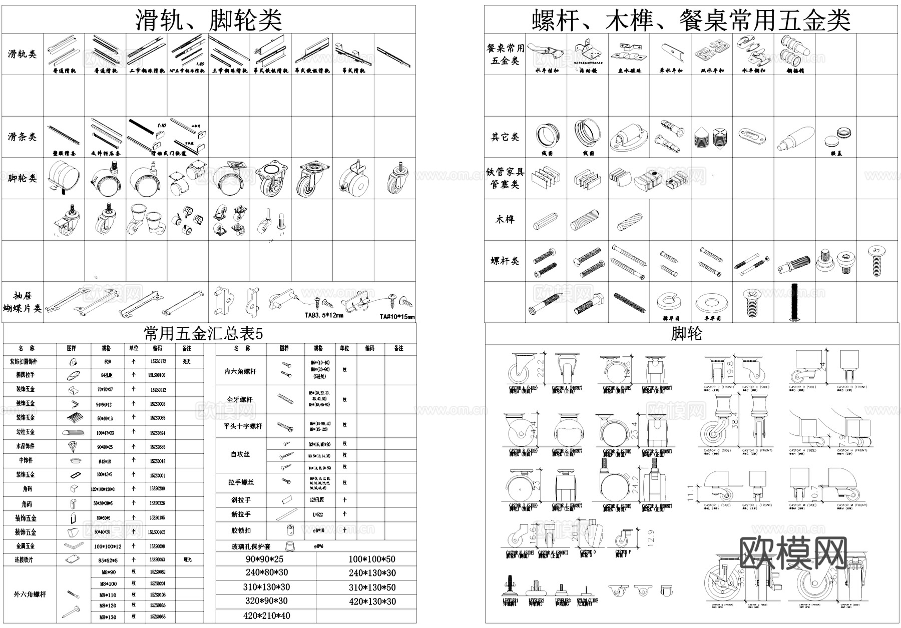 五金配件合页角铁拉手螺母组合器滑轨螺杆铰链螺丝图块图库cad施工图