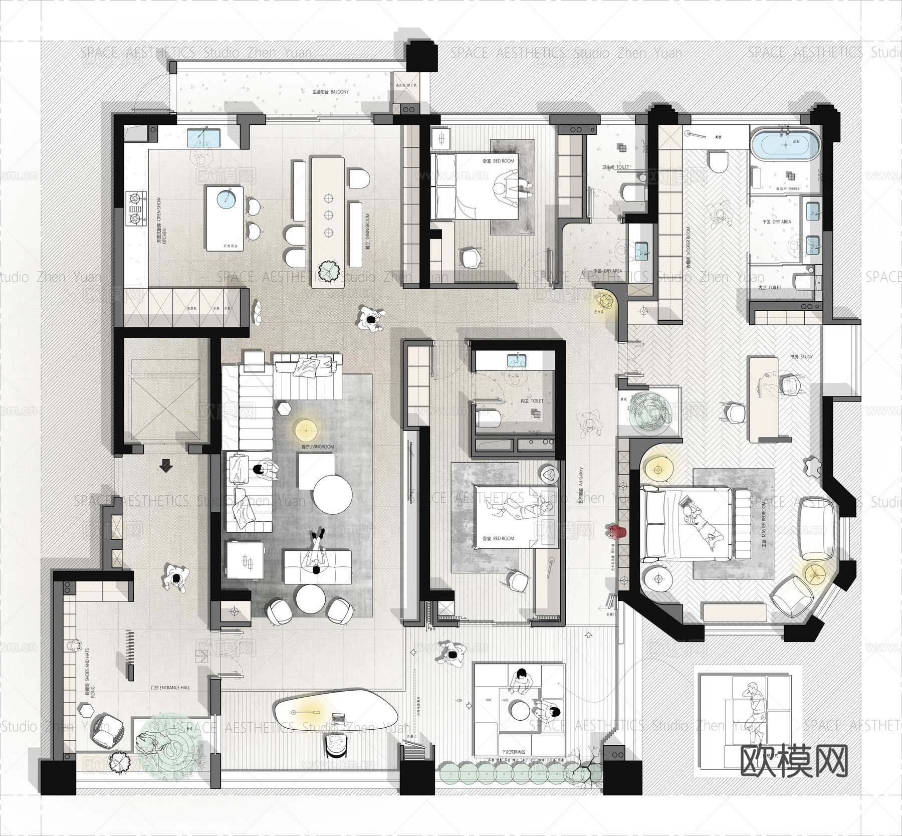 280平大平层平面CAD施工图cad施工图