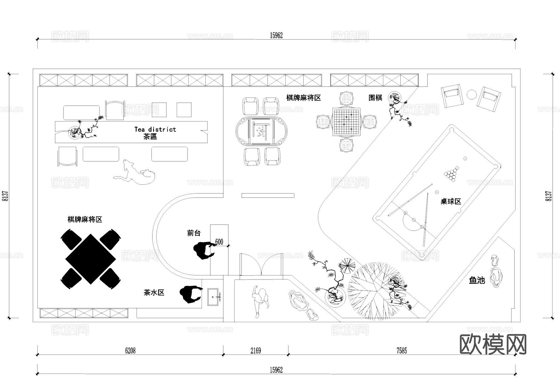 棋牌室麻将房茶室桌球室内工装平面图cad施工图