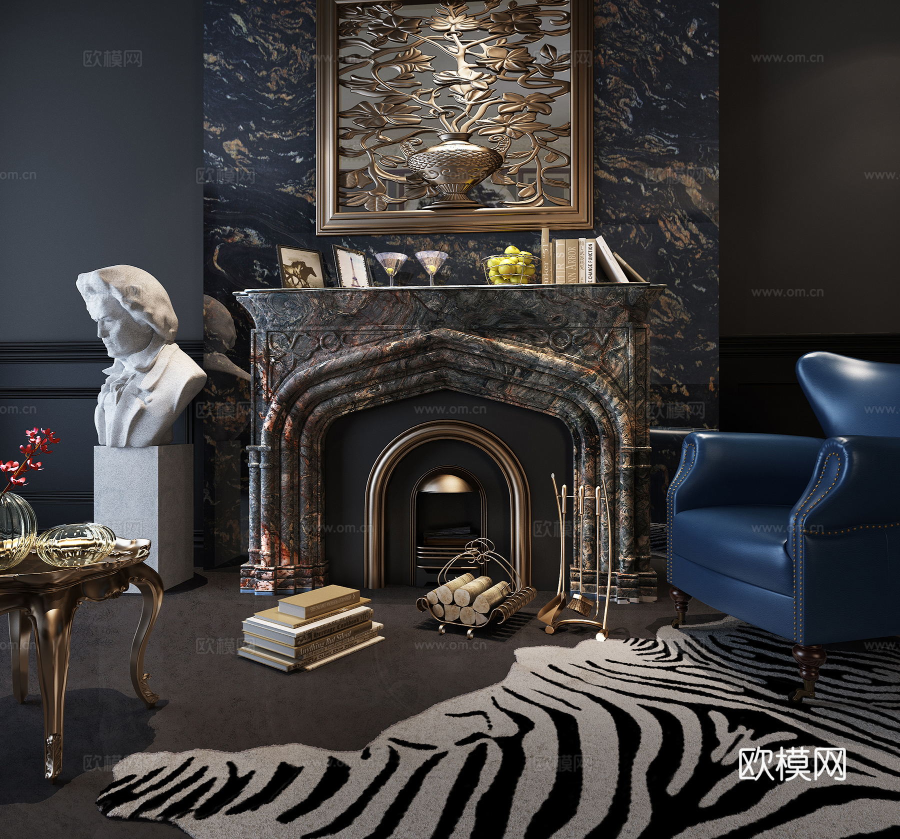 法式休闲椅 壁炉 装饰品 雕像 地毯组合3d模型下载（渲染图1）