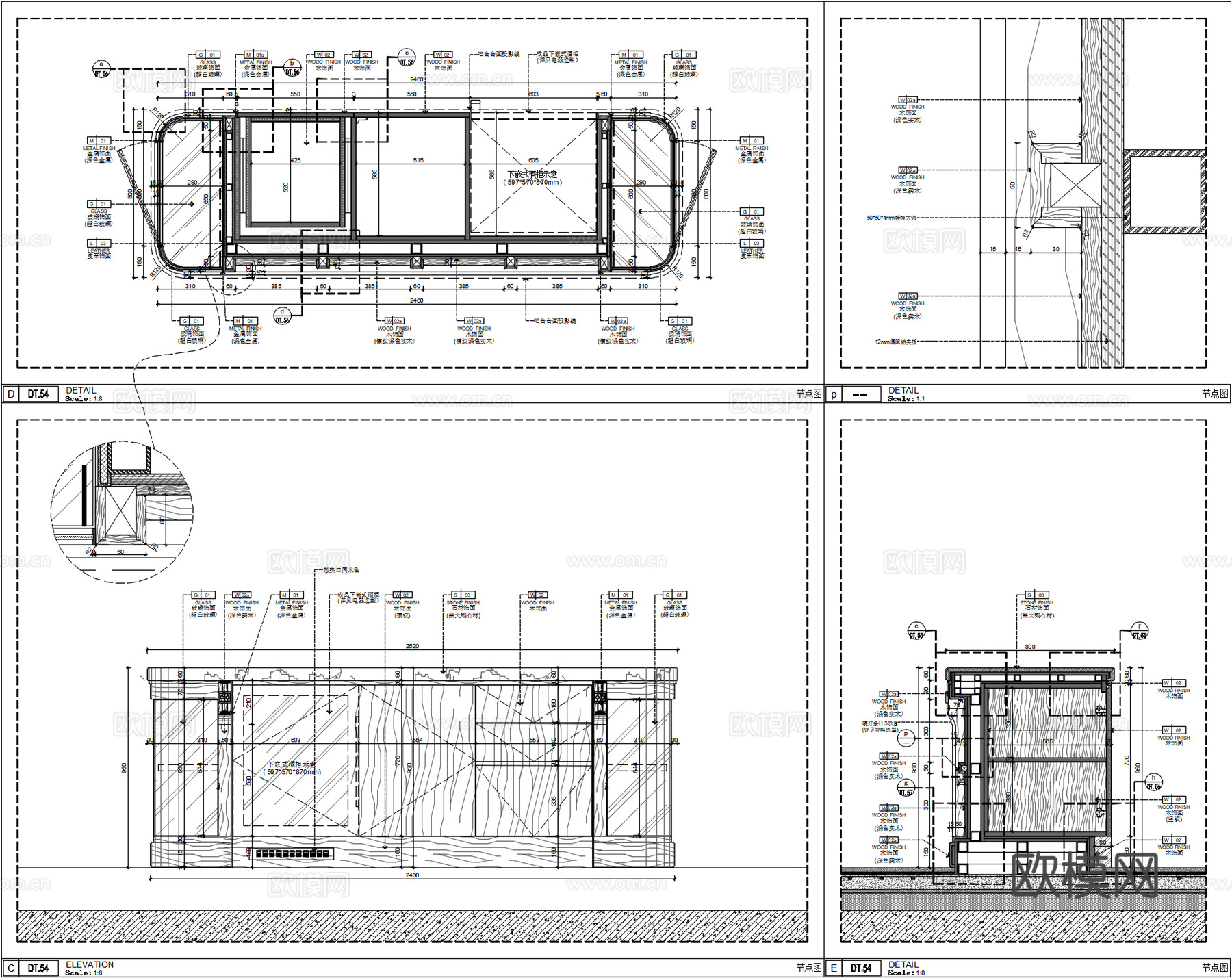 别墅品酒区水吧台、吧台玻璃柜节点、吧台内嵌红酒柜、复古轻奢吧cad施工图