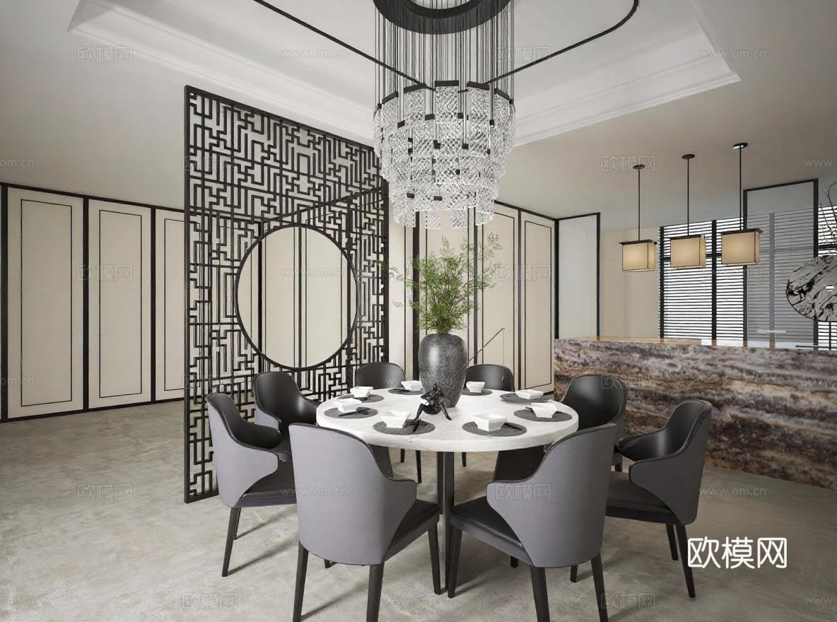 现代中式餐厅设计 高端住宅大理石装饰 开放式布局效果图 3D渲染展示免费3d模型