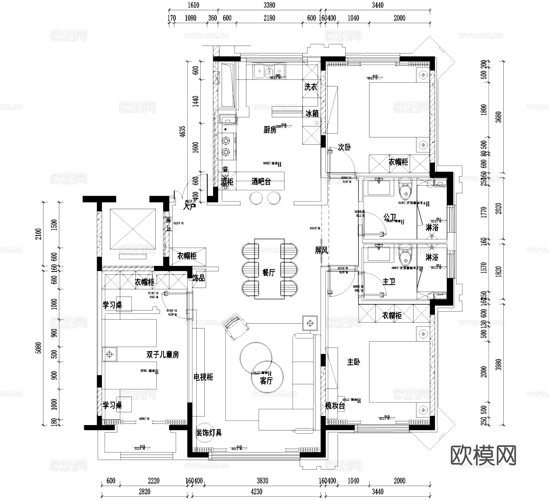 三室两厅两卫室内家装平面图cad施工图