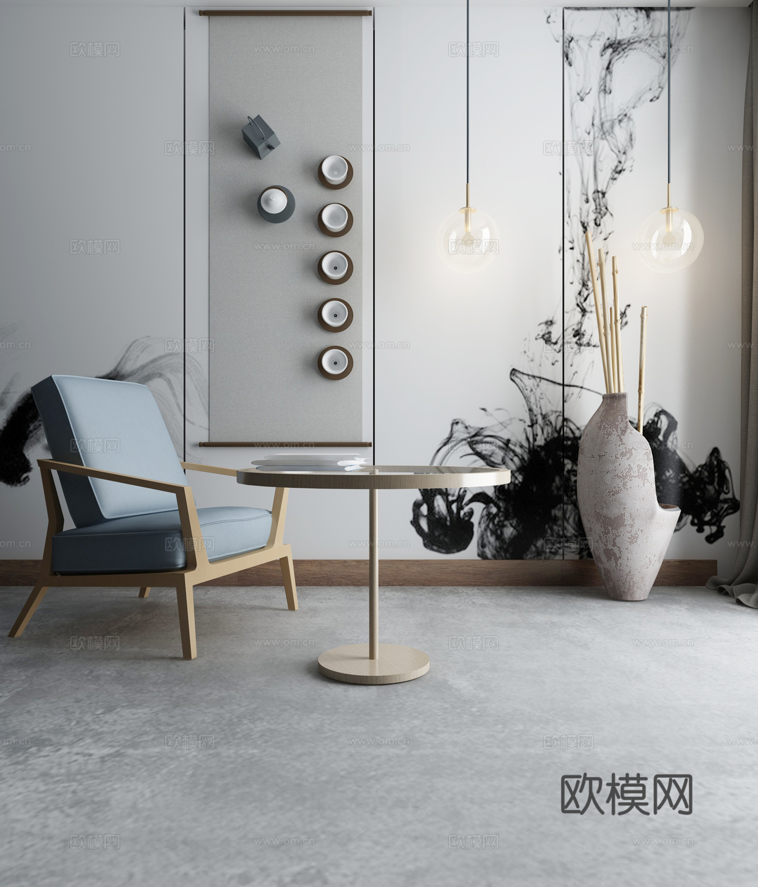 中式沙发茶几组合3d模型下载（渲染图2）