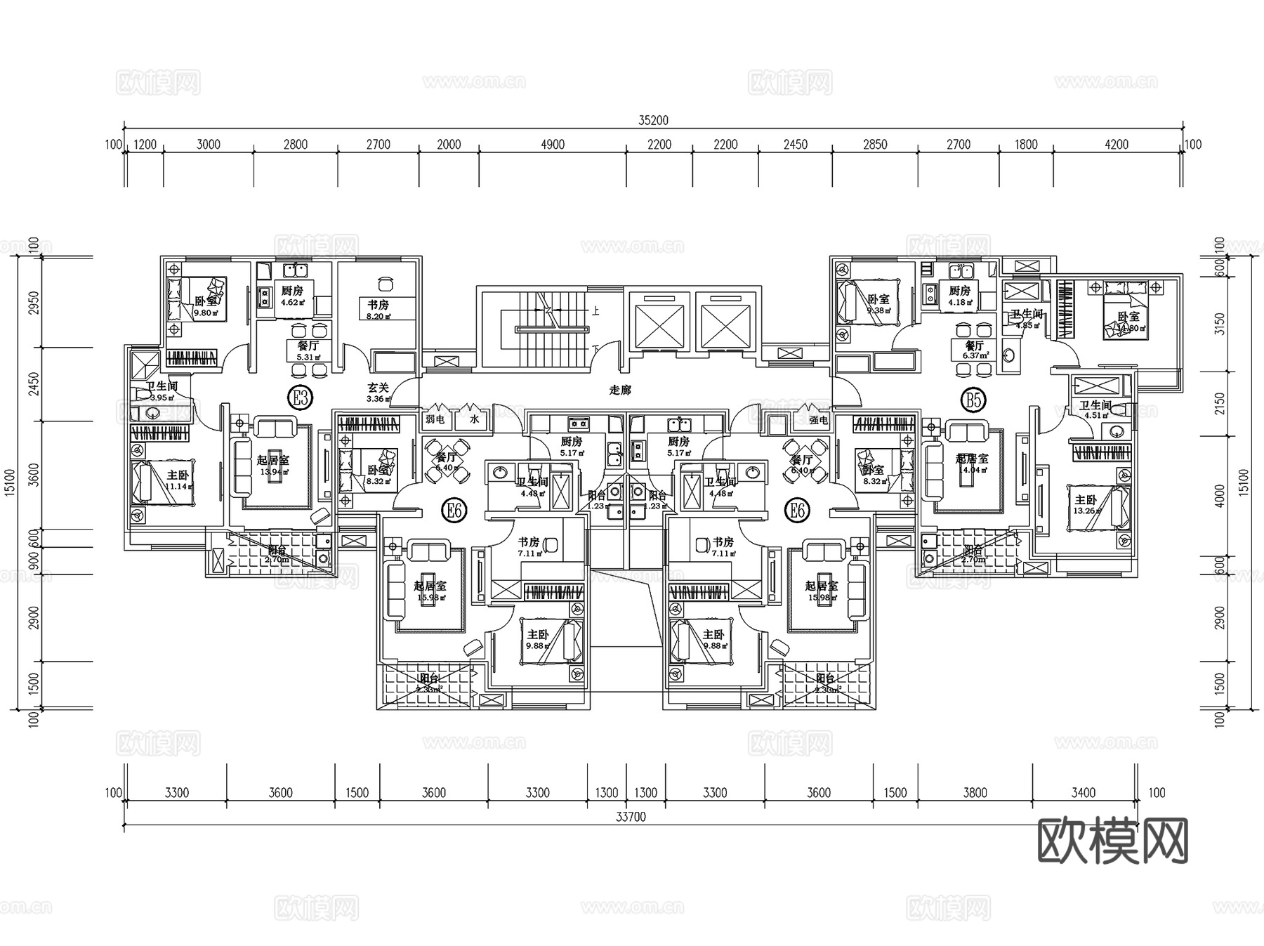 居住区住宅楼建筑户型平面图CAD施工图cad施工图