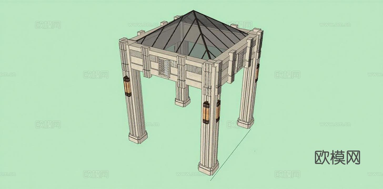 3D模型 古典凉亭建筑效果图 庭院石材玻璃顶设计 户外装饰栏杆壁灯渲染免费3d模型下载
