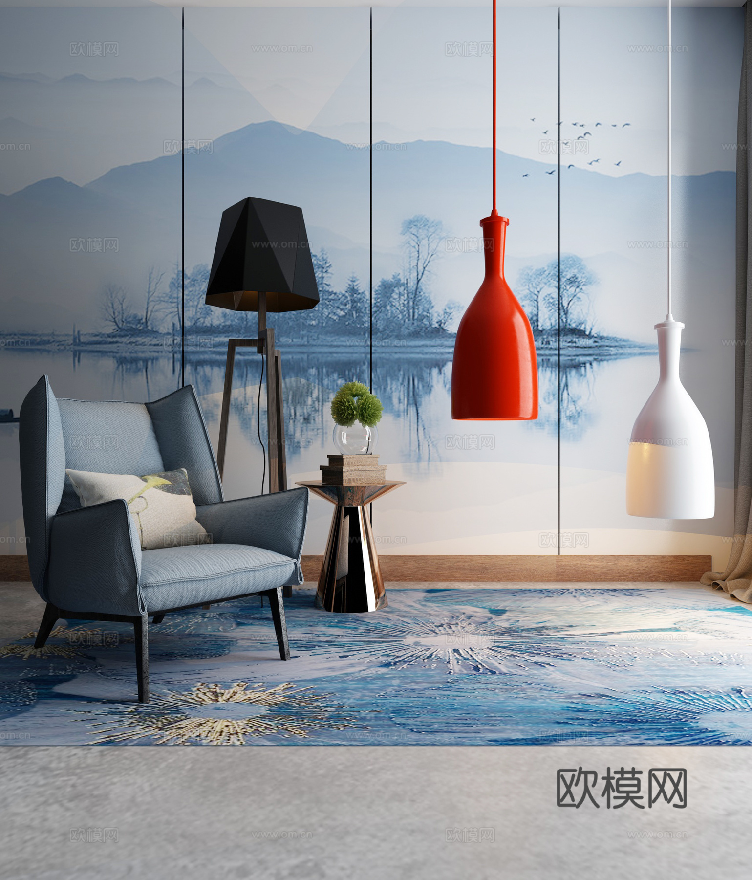 现代吊灯 沙发茶几组合3d模型下载（渲染图2）