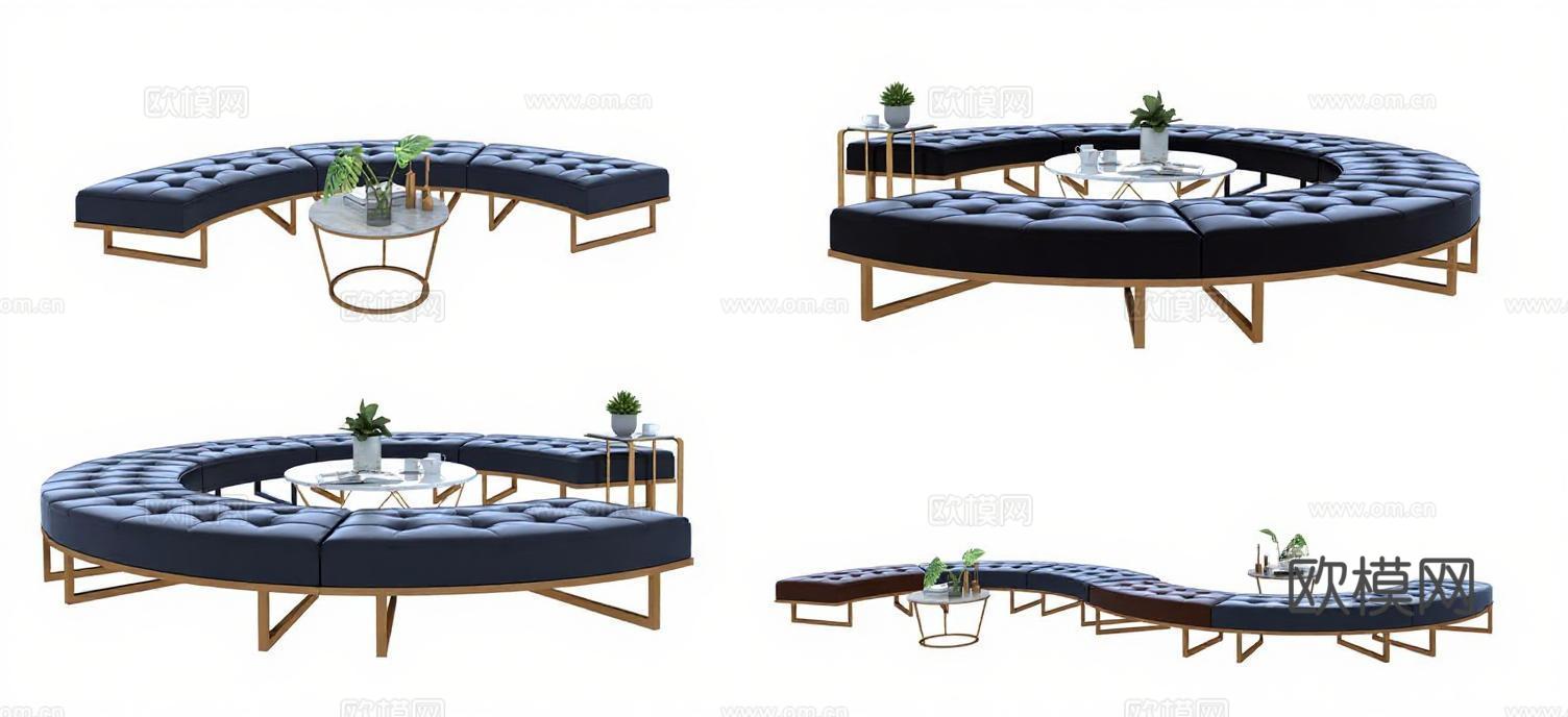 弧形沙发组合 现代简约设计客厅家具 深蓝皮革金色金属框架 高端家居装饰3D模型免费3d模型