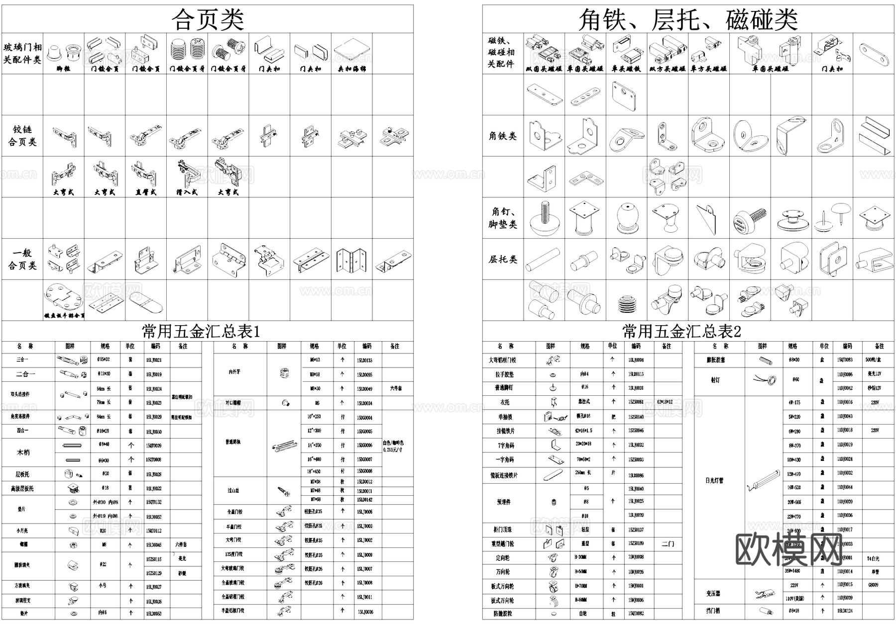 五金配件合页角铁拉手螺母组合器滑轨螺杆铰链螺丝图块图库cad施工图