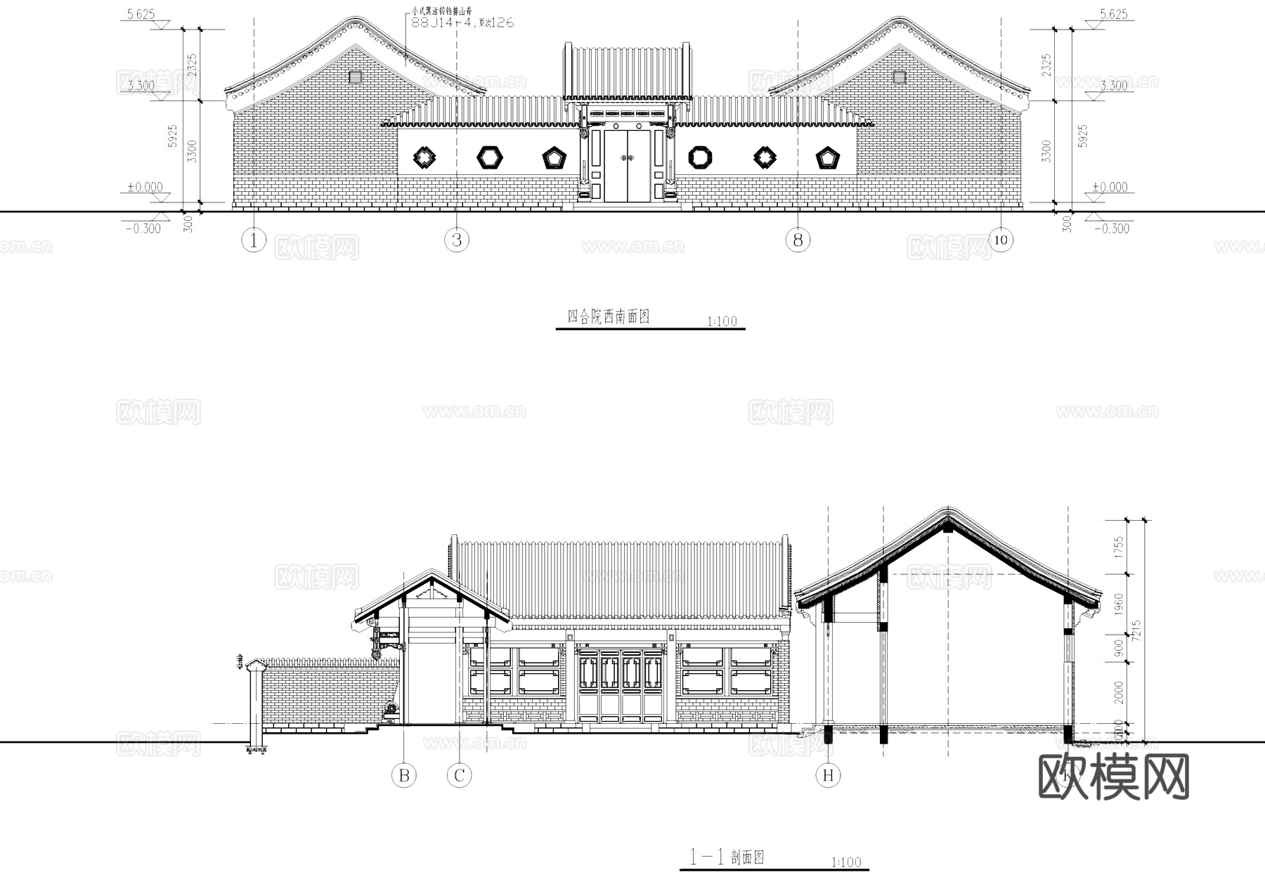 中式单层四合院住宅建筑CAD施工图cad施工图