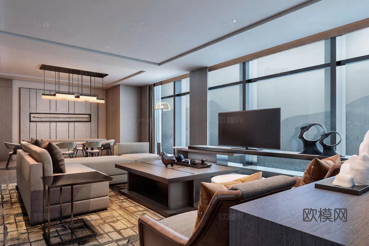 现代风格客厅设计 高端住宅室内装饰 3D渲染效果图 山景通透空间 木质金属材质搭配免费3d模型下载