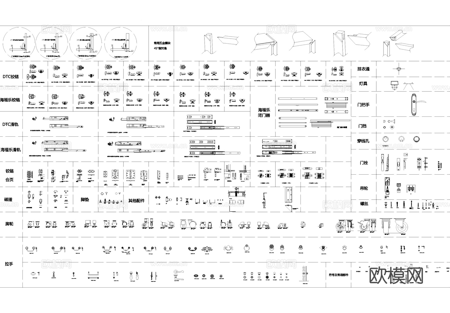 五金配件磁碰铰链滑轨合页脚轮螺丝拉手图块图库cad施工图