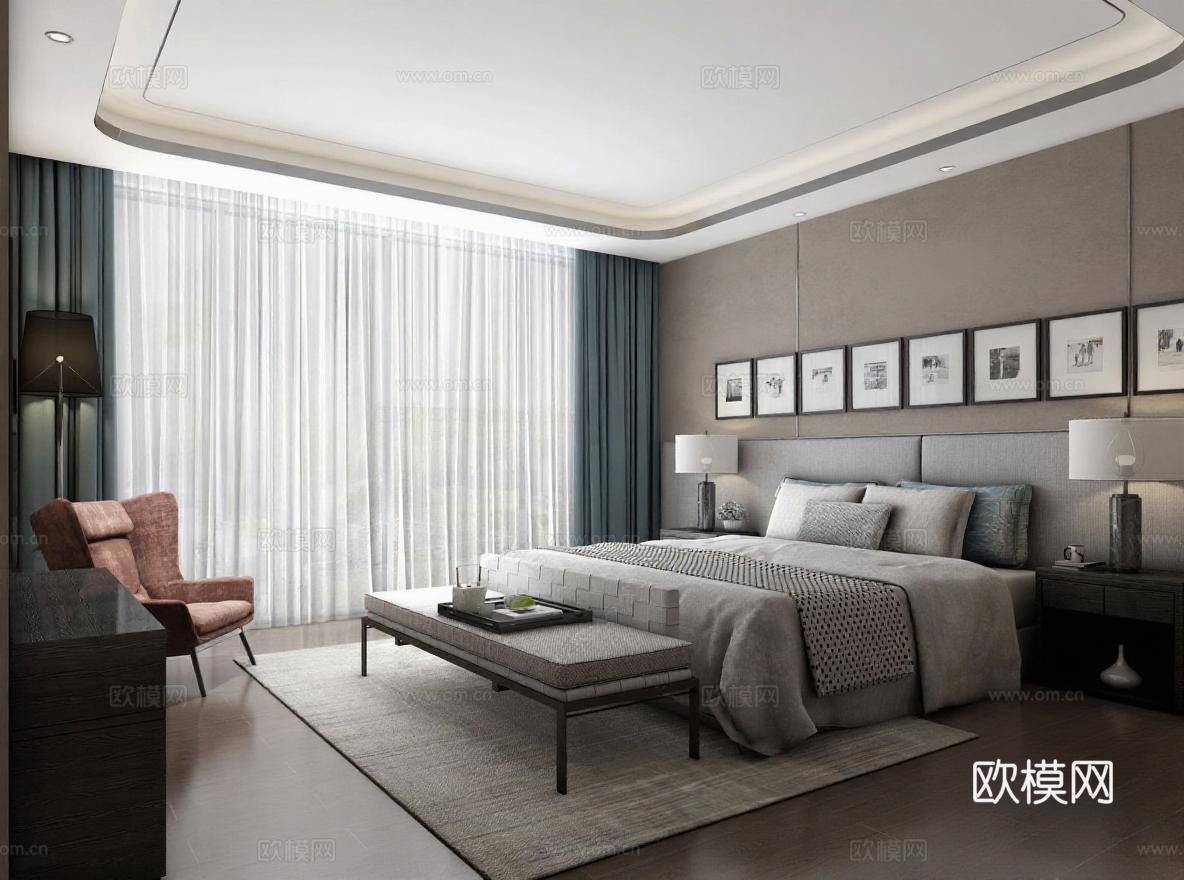 现代风格卧室设计 高端家居3D渲染效果图 灰色调空间布局 暖棕软装搭配 嵌入式灯带装修灵感免费3d模型下载