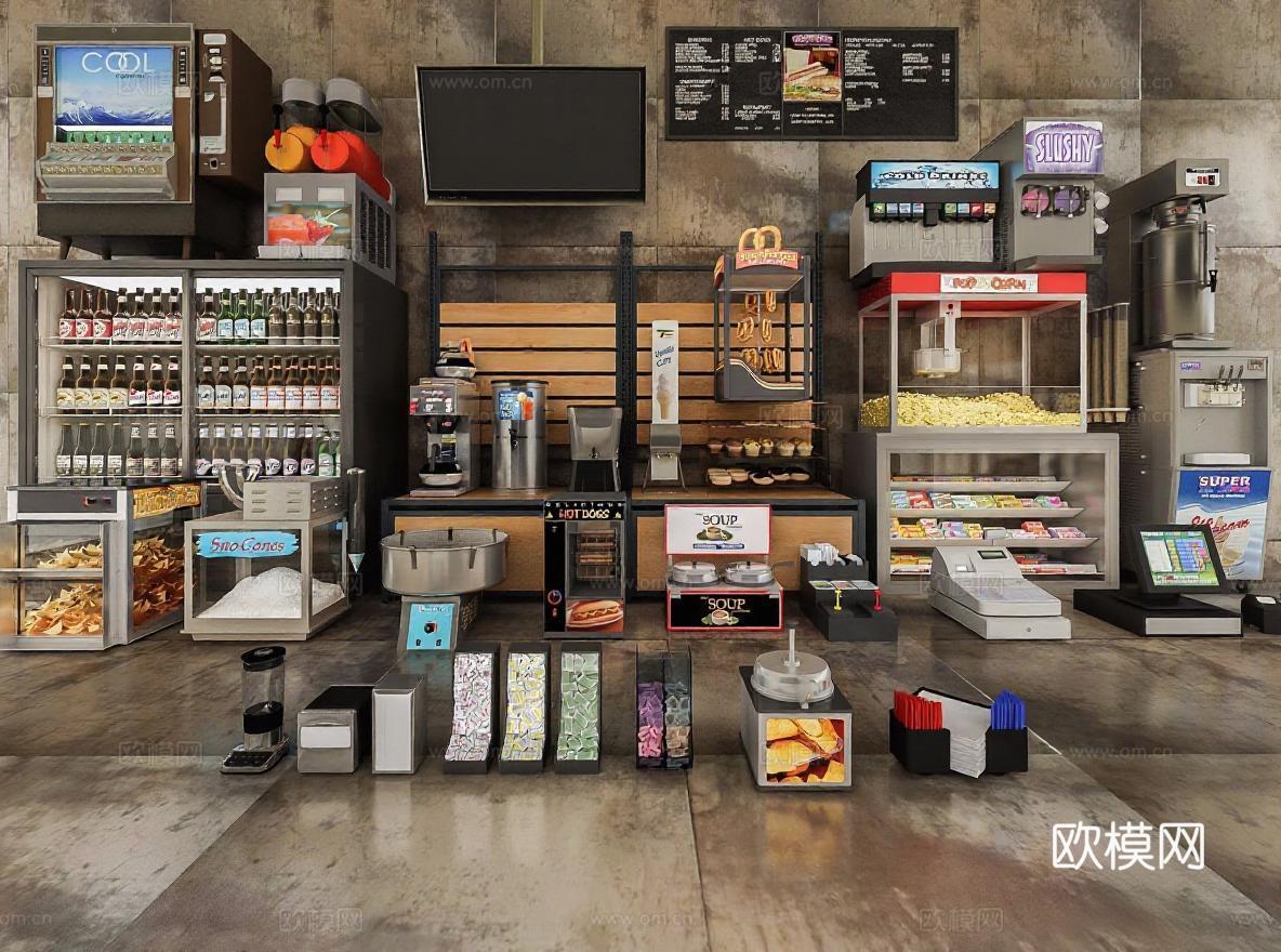 便利店快餐店3D模型设计 工业风商业空间展示 餐饮设备布局参考免费3d模型下载