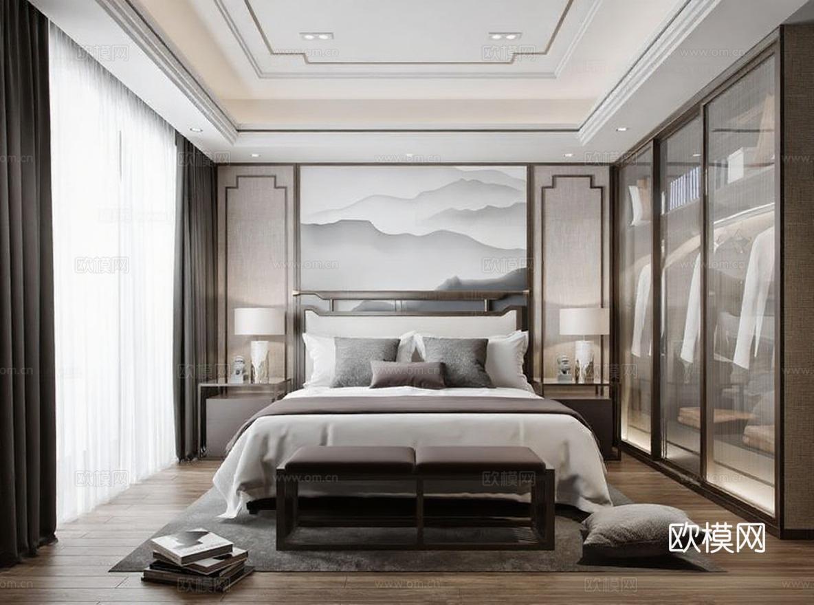 现代中式轻奢卧室设计 禅意山水壁画卧室 高端家居装修效果图 玻璃推拉门衣柜 对称空间布局免费3d模型下载