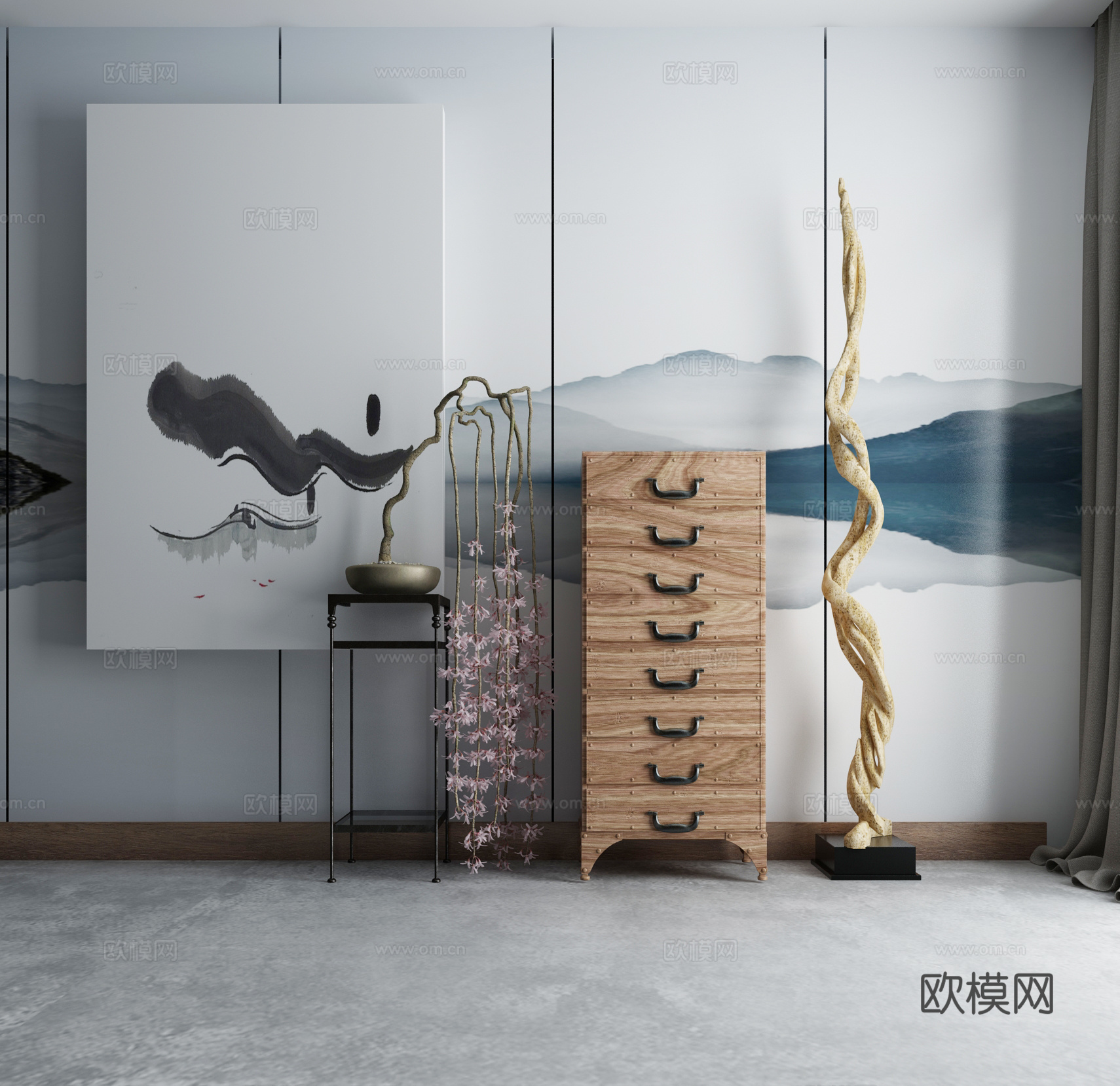 中式摆件 矮柜 挂画3d模型下载（渲染图2）