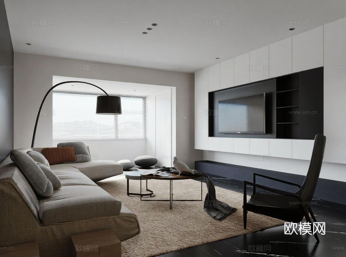 现代简约客厅家居设计 中性灰黑色调布艺沙发 大理石地板3D渲染效果 开放式空间布局美学免费3d模型下载