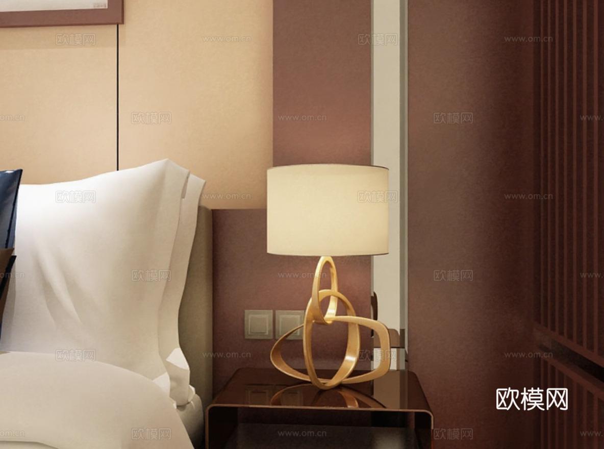 现代简约卧室设计 金色床头灯 深棕玻璃柜 布艺灯罩 温馨家居装饰 优雅空间免费3d模型