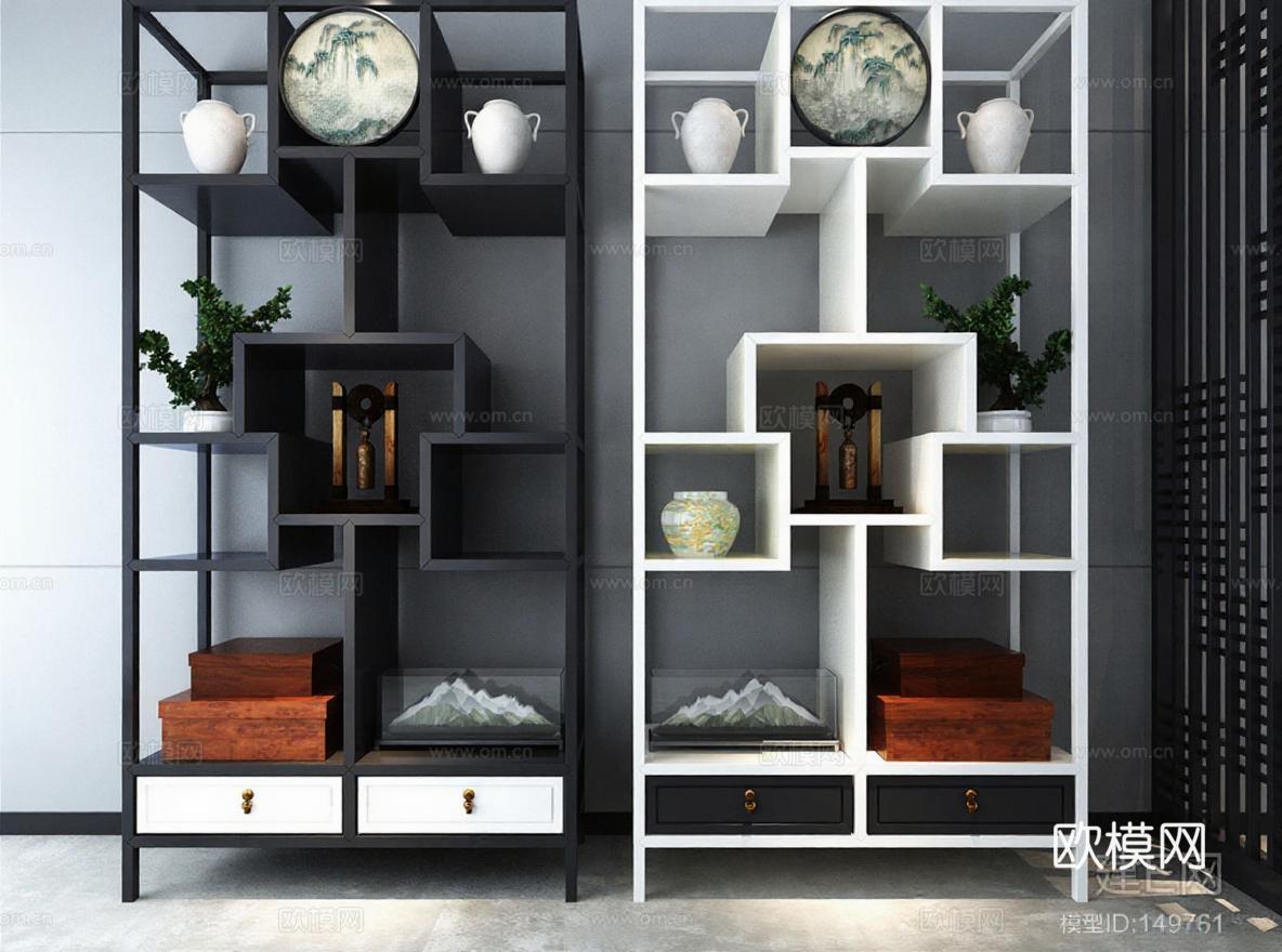 新中式对称置物架客厅玄关装饰柜 几何镂空展示柜储物架陶瓷花瓶收纳组合免费3d模型