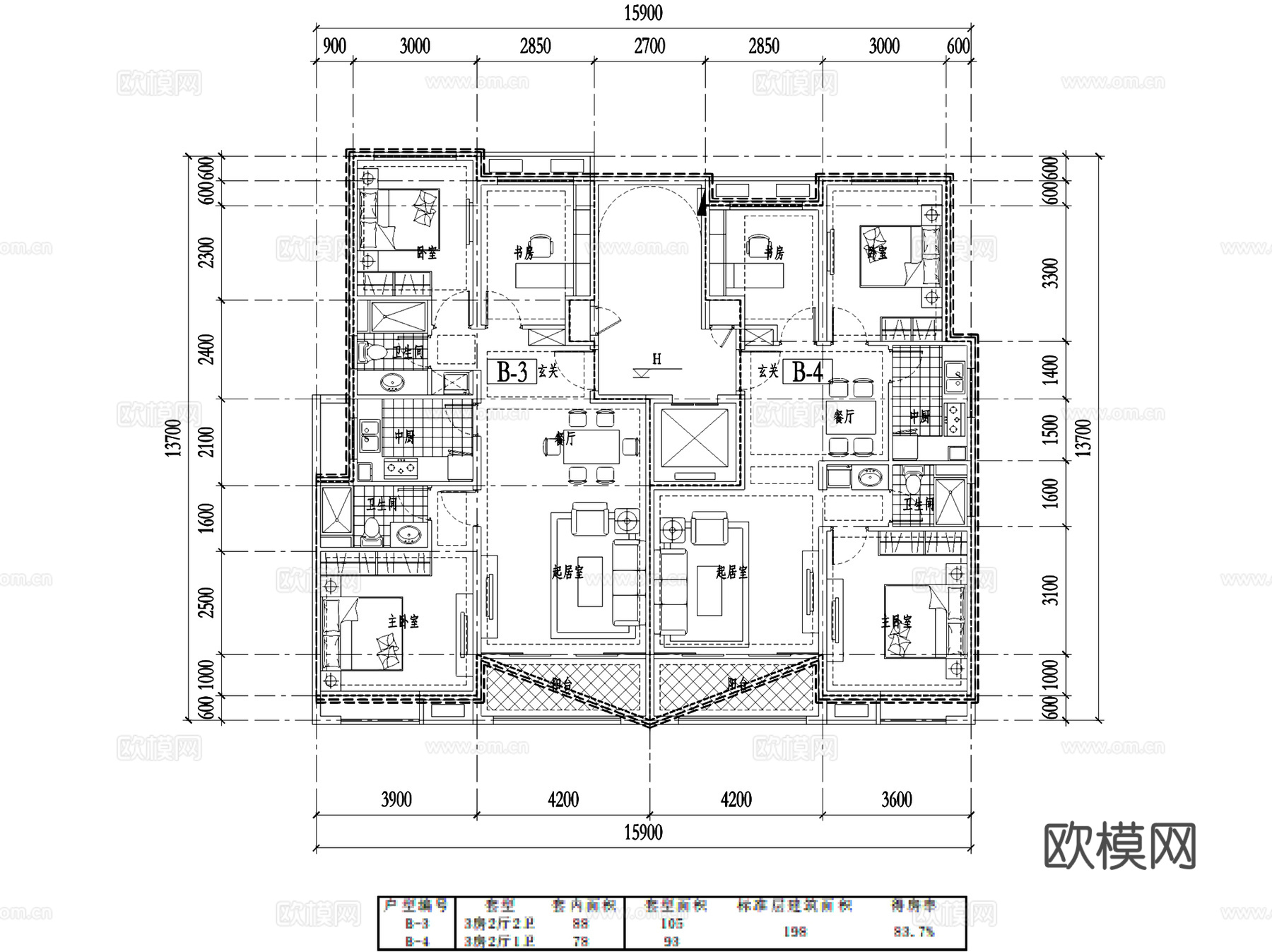 中海居住区规划洋房别墅建筑户型平面CAD施工图cad施工图