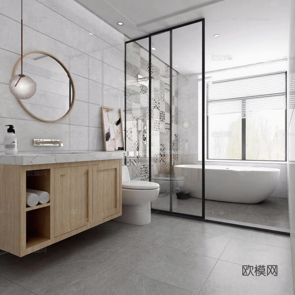 现代简约卫浴设计 日式极简浴室装修效果图 3D渲染玻璃隔断独立浴缸大理石台面家居空间设计免费3d模型下载