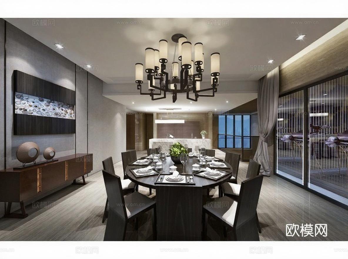 现代轻奢餐厅设计 高端住宅家居空间 深灰木纹3D渲染效果图 简约艺术装修展示免费3d模型下载