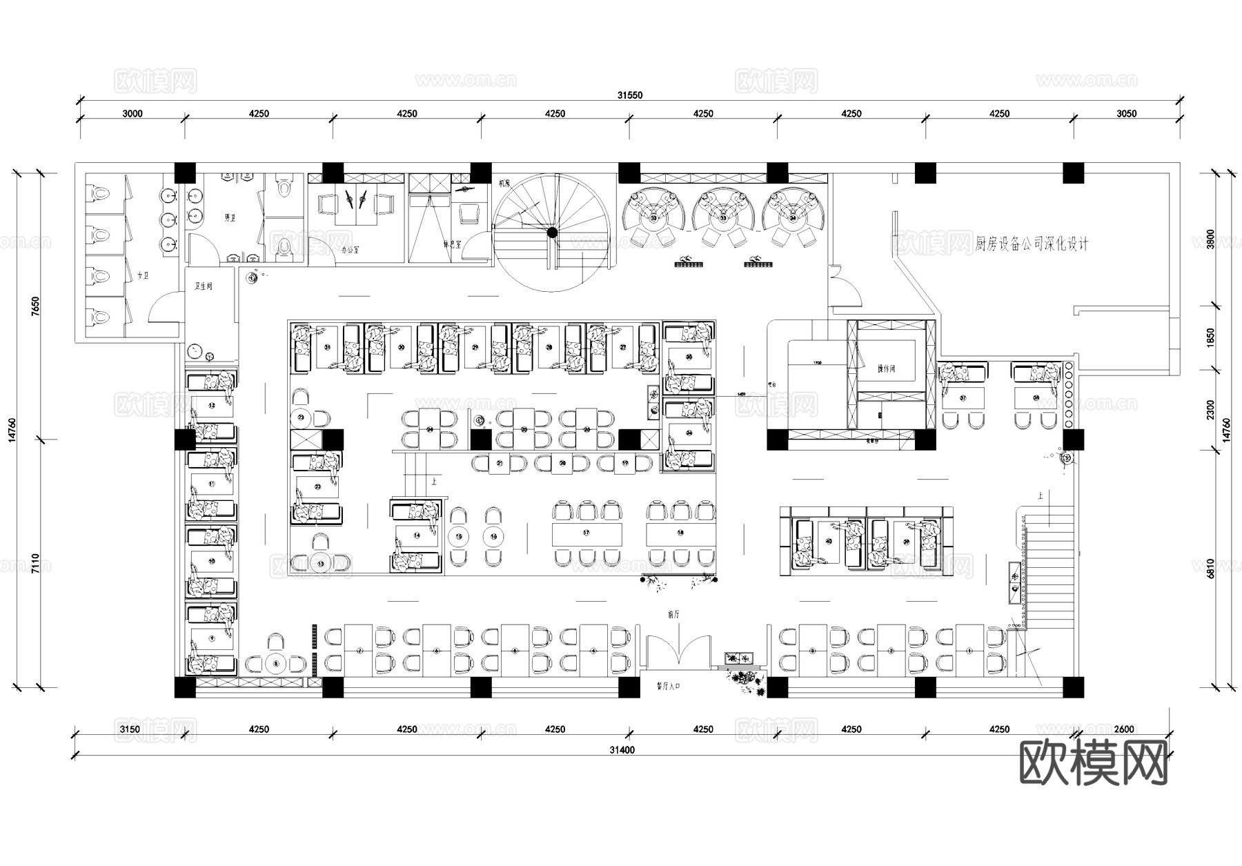 餐厅饭店厨房室内工装平面图CAD施工图cad施工图