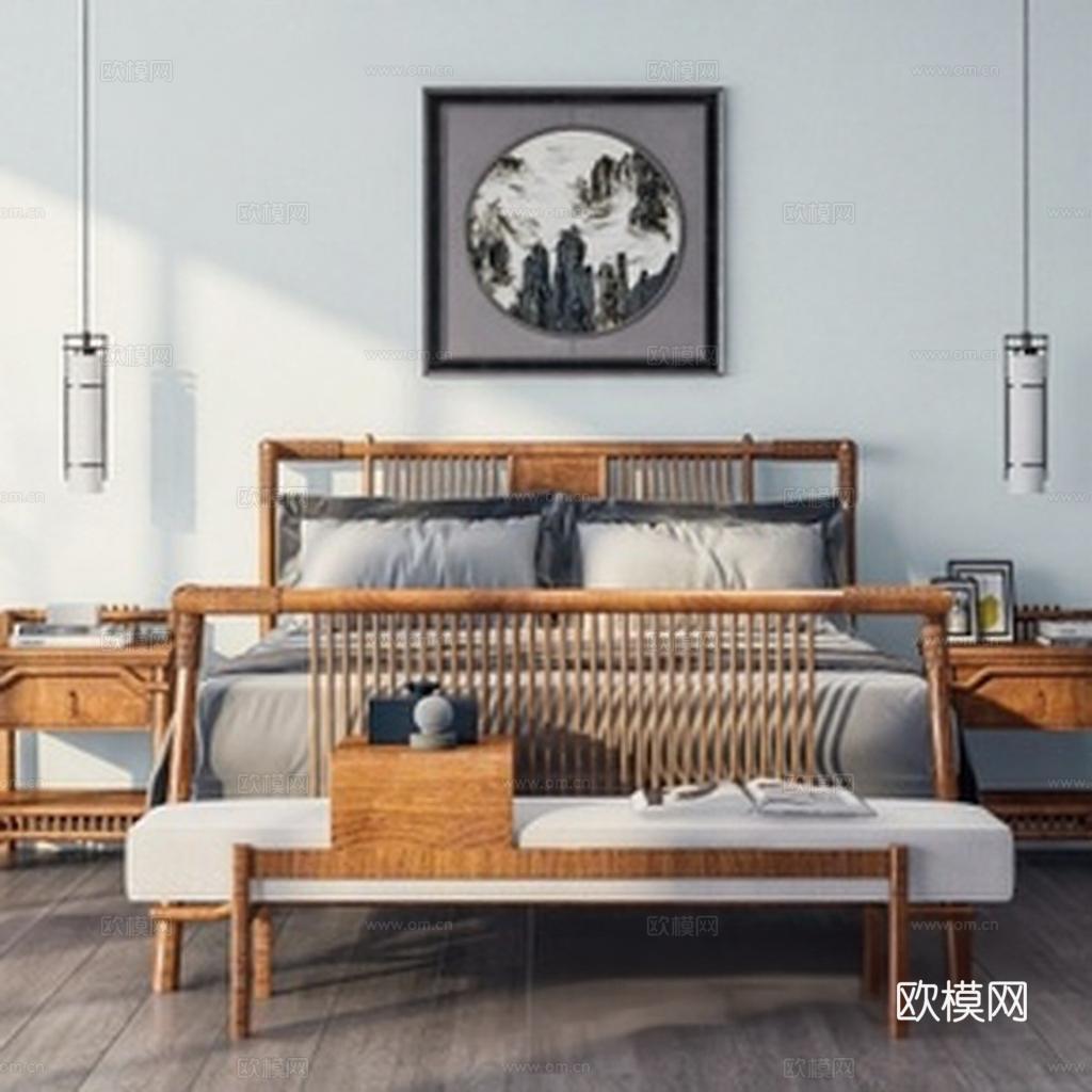 中式现代卧室家具套装 原木色禅意软装设计 对称空间山水装饰免费3d模型下载