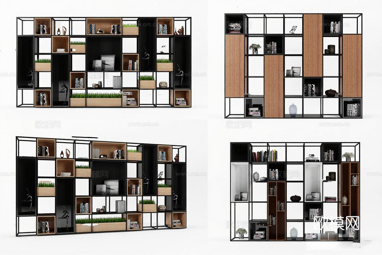 现代简约模块化书架 多功能收纳装饰创意家具 金属木质组合设计家居办公展示架免费3d模型