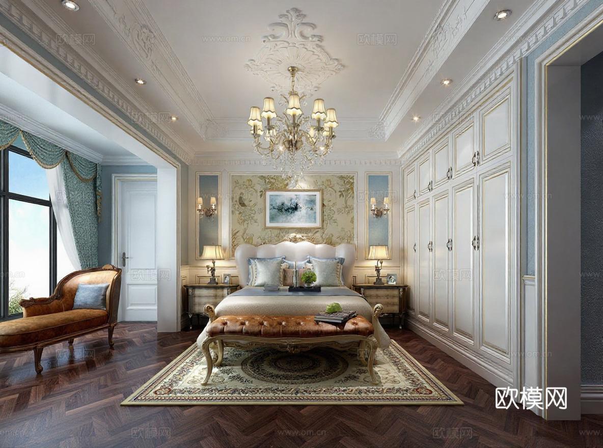 欧式古典主卧 豪华装修效果图 3D渲染室内设计图免费3d模型