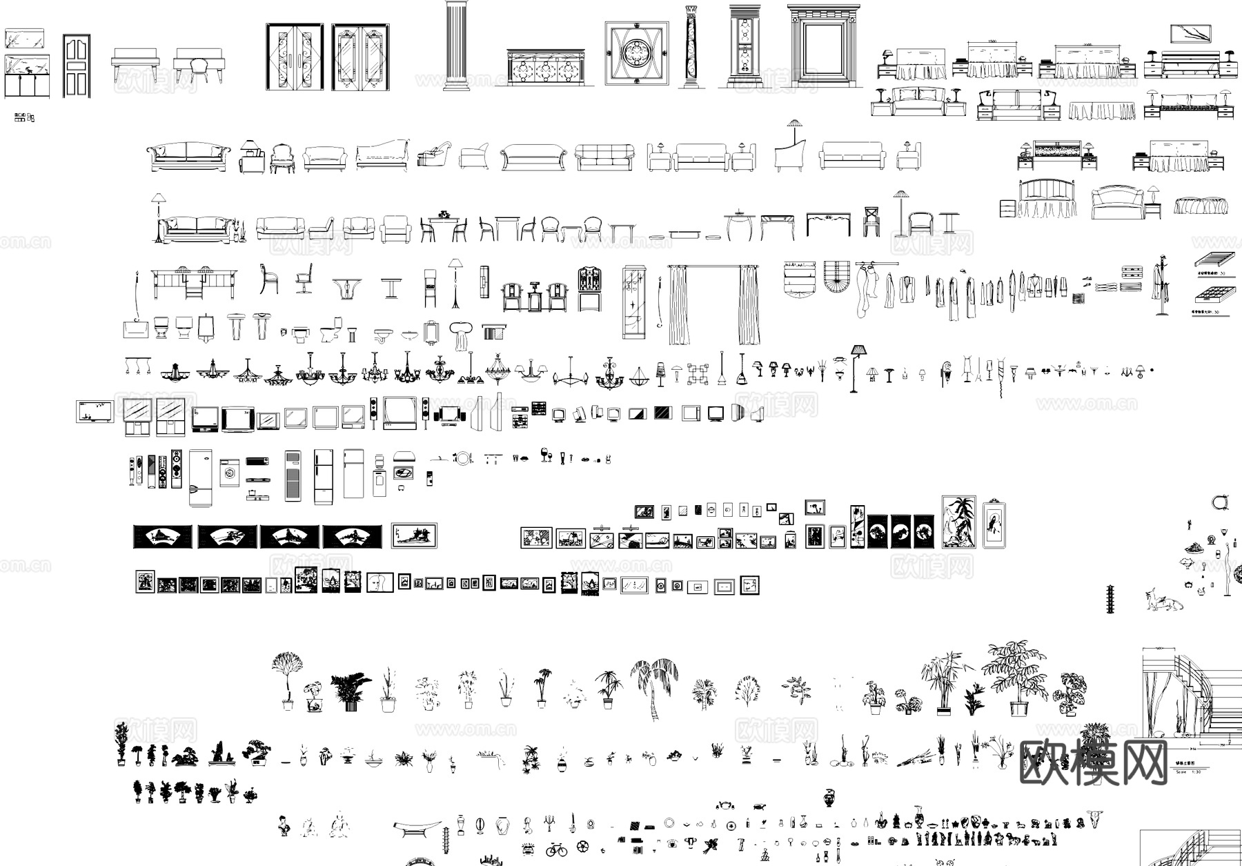 家具桌椅沙发柜子电器挂画植物综合CAD图块图库cad施工图