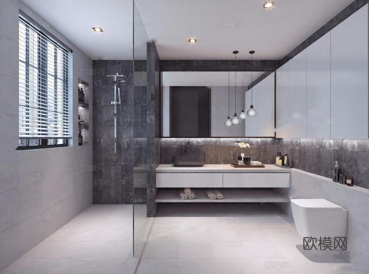 高端卫浴空间设计 现代极简风格 3D渲染效果图 室内装修灵感 灰色调浴室布局 自然光与嵌入式灯光搭配 实用生活细节展示免费3d模型下载